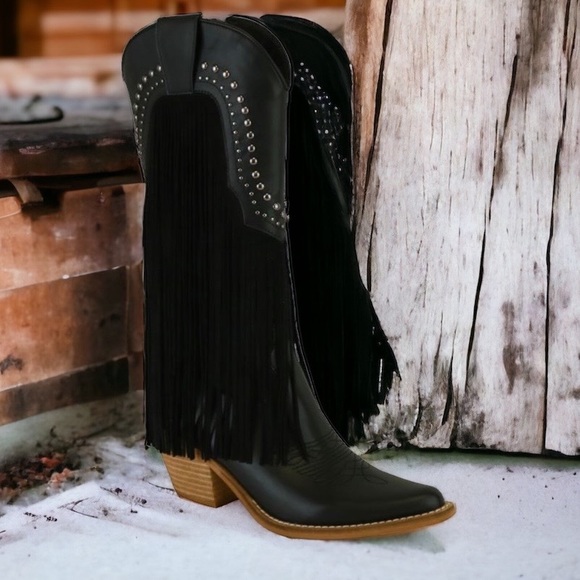 Beast Fashion Black Fringe Antique Stud Embellishment Tall Western Cowboy Boot - Picture 5 of 7